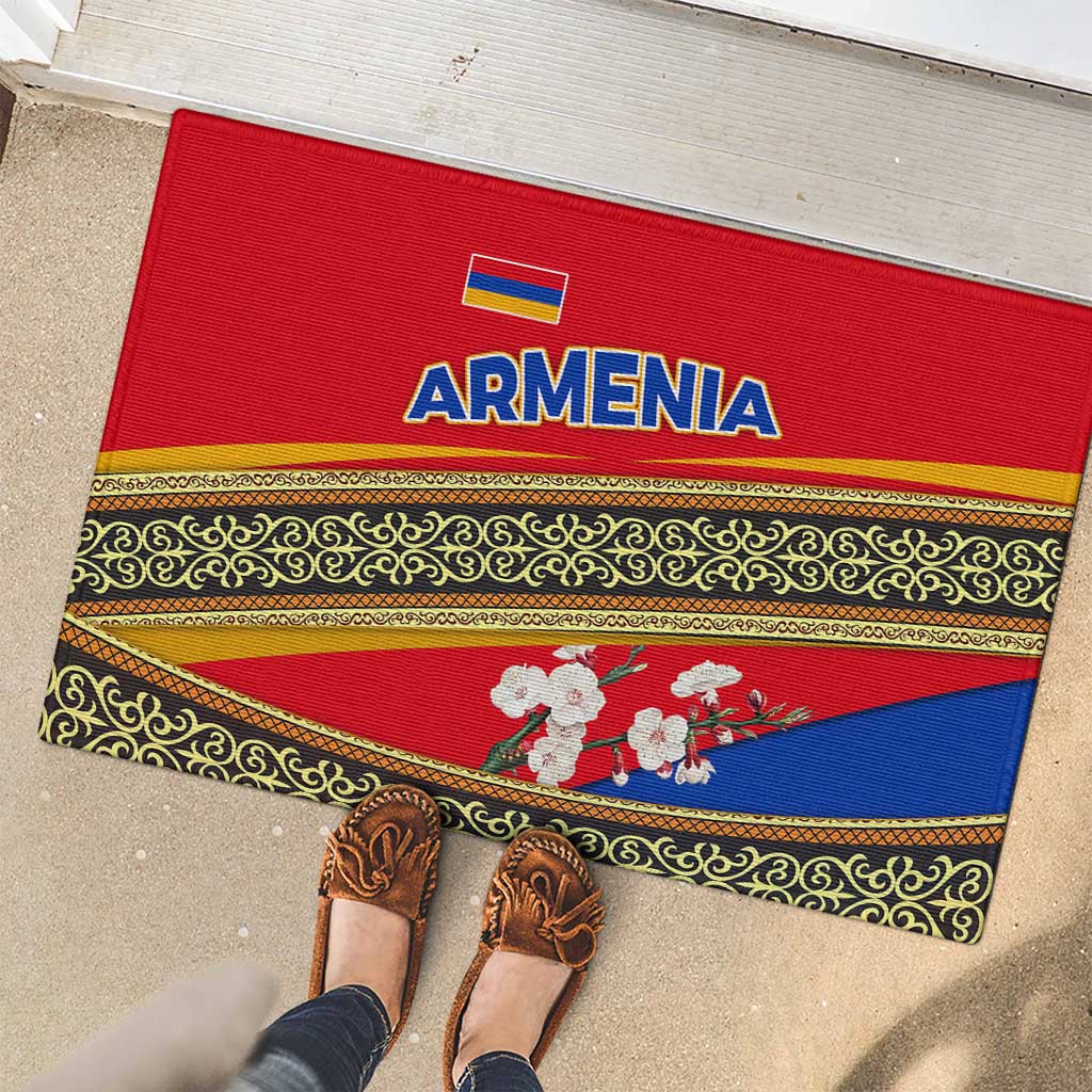 Armenia Traditional Pattern Rubber Doormat with Floral Motif and National Flag Design - Wonder Print Shop