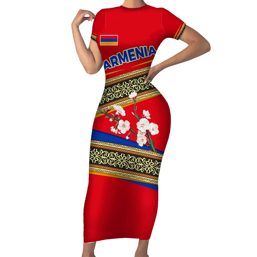 Armenia Traditional Pattern Short Sleeve Bodycon Dress with Floral Motif and National Flag Design - Wonder Print Shop