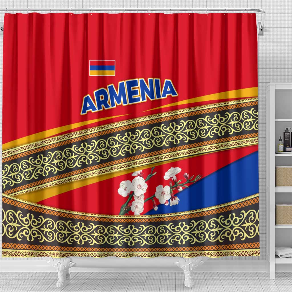 Armenia Traditional Pattern Shower Curtain with Floral Motif and National Flag Design - Wonder Print Shop