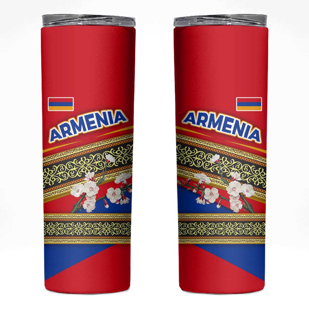 Armenia Traditional Pattern Skinny Tumbler with Floral Motif and National Flag Design - Wonder Print Shop