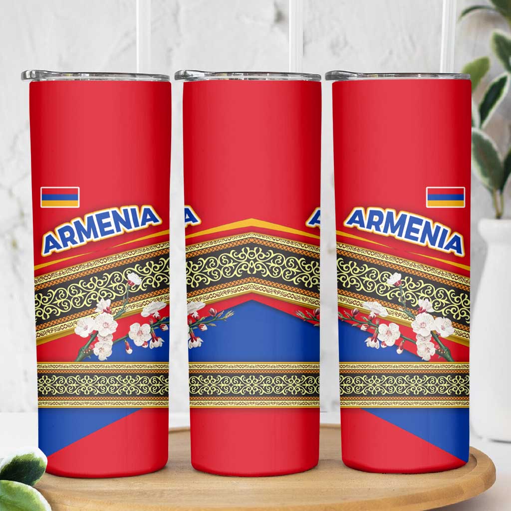 Armenia Traditional Pattern Skinny Tumbler with Floral Motif and National Flag Design - Wonder Print Shop
