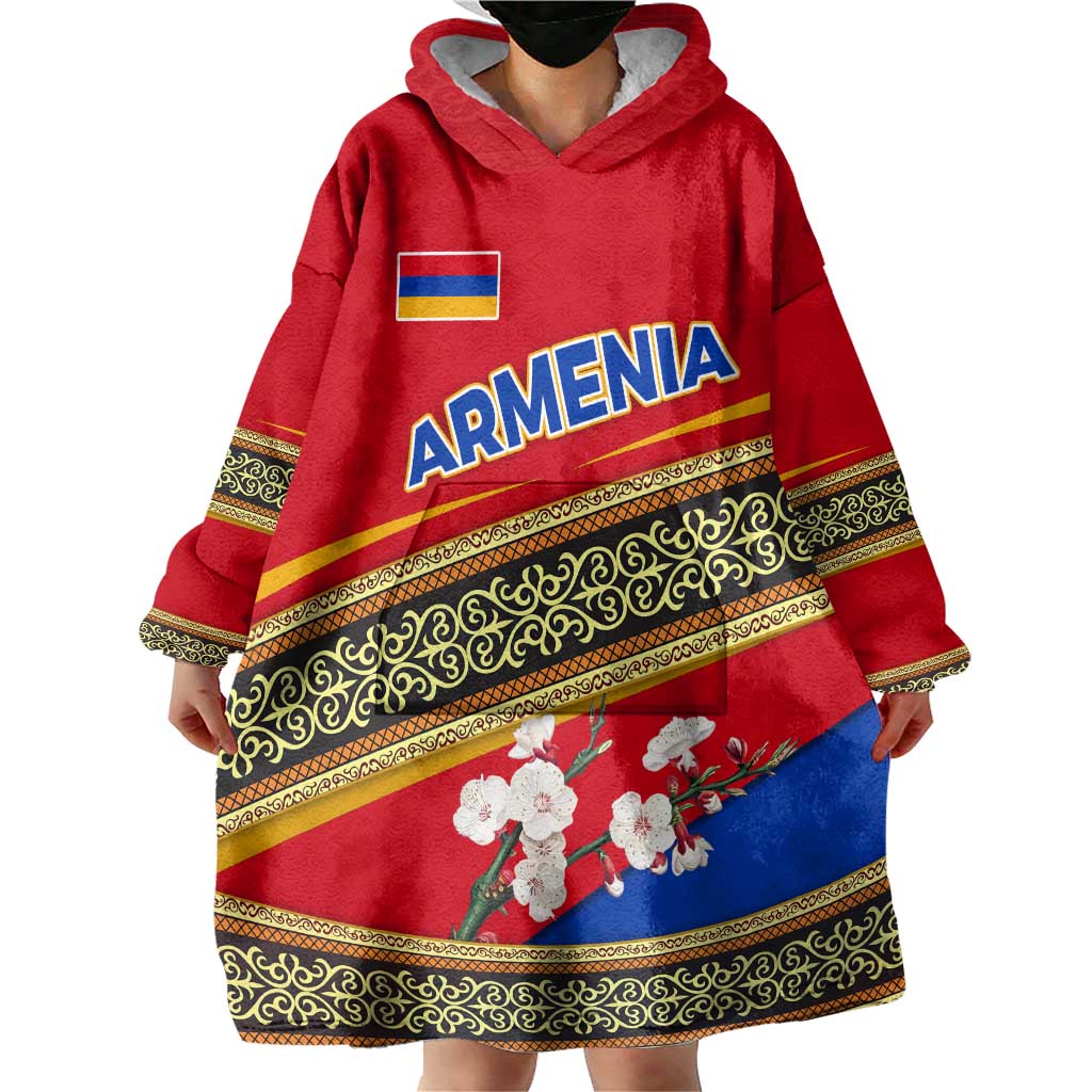 Armenia Traditional Pattern Wearable Blanket Hoodie with Floral Motif and National Flag Design - Wonder Print Shop