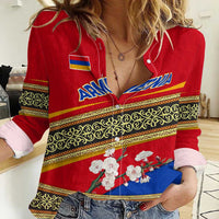 Armenia Traditional Pattern Women Casual Shirt with Floral Motif and National Flag Design - Wonder Print Shop