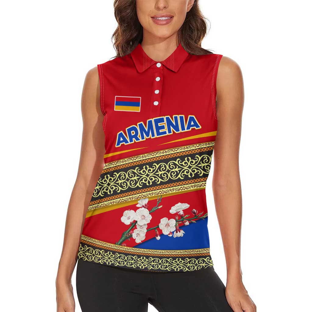 Armenia Traditional Pattern Women Sleeveless Polo Shirt with Floral Motif and National Flag Design - Wonder Print Shop