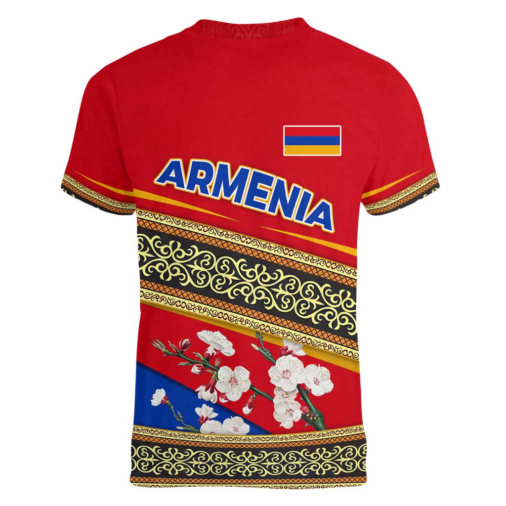 Armenia Traditional Pattern Women V-Neck T-Shirt with Floral Motif and National Flag Design - Wonder Print Shop