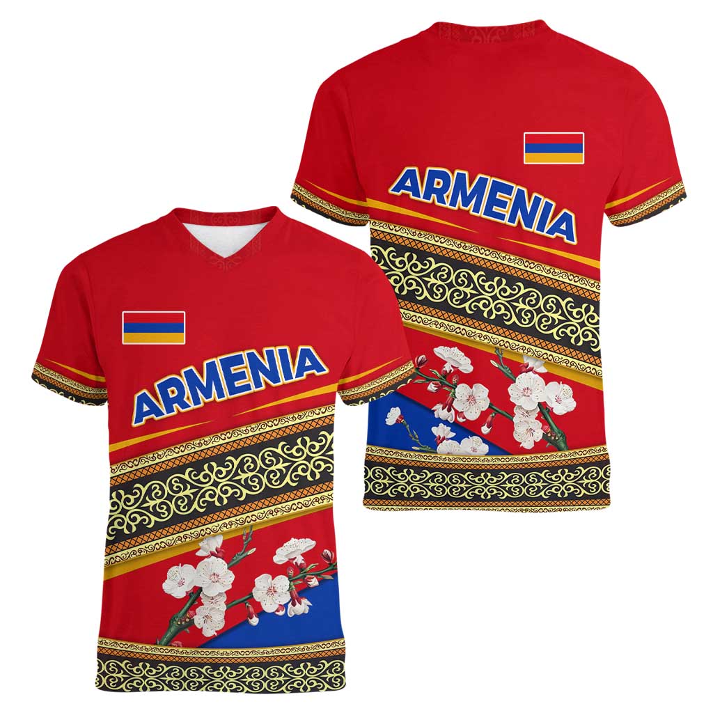 Armenia Traditional Pattern Women V-Neck T-Shirt with Floral Motif and National Flag Design - Wonder Print Shop