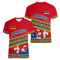 Armenia Traditional Pattern Women V-Neck T-Shirt with Floral Motif and National Flag Design - Wonder Print Shop