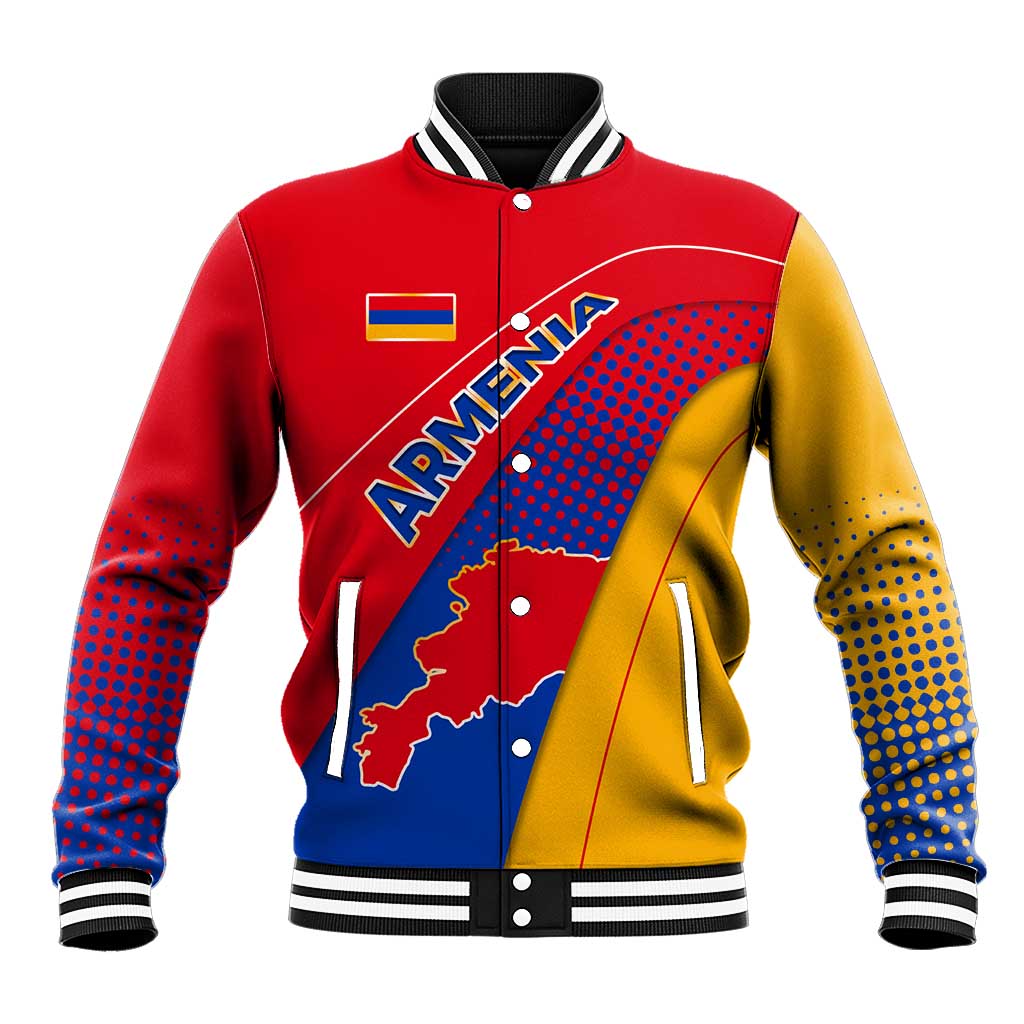 Armenia Flag Colors Baseball Jacket with National Emblem and Map Design - Wonder Print Shop
