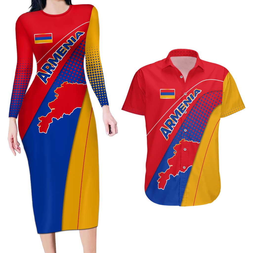 Armenia Flag Colors Couples Matching Long Sleeve Bodycon Dress and Hawaiian Shirt with National Emblem and Map Design - Wonder Print Shop