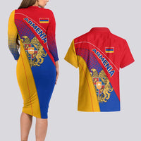 Armenia Flag Colors Couples Matching Long Sleeve Bodycon Dress and Hawaiian Shirt with National Emblem and Map Design - Wonder Print Shop