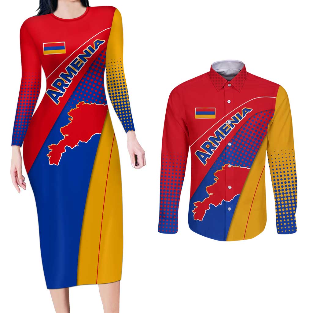 Armenia Flag Colors Couples Matching Long Sleeve Bodycon Dress and Long Sleeve Button Shirt with National Emblem and Map Design - Wonder Print Shop