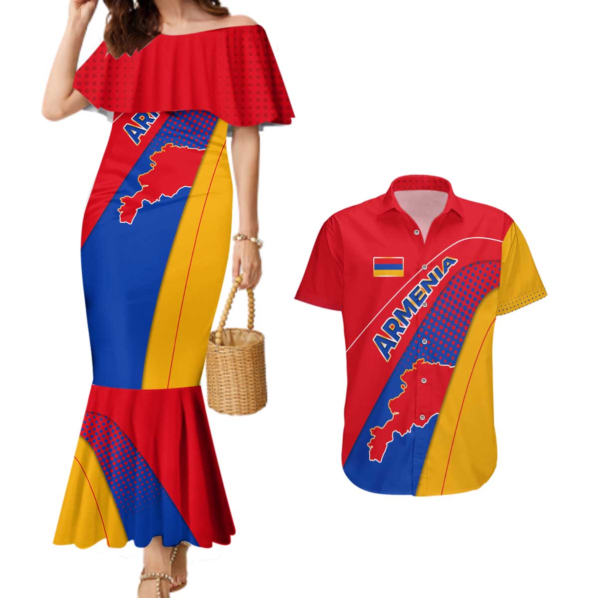 Armenia Flag Colors Couples Matching Mermaid Dress and Hawaiian Shirt with National Emblem and Map Design - Wonder Print Shop