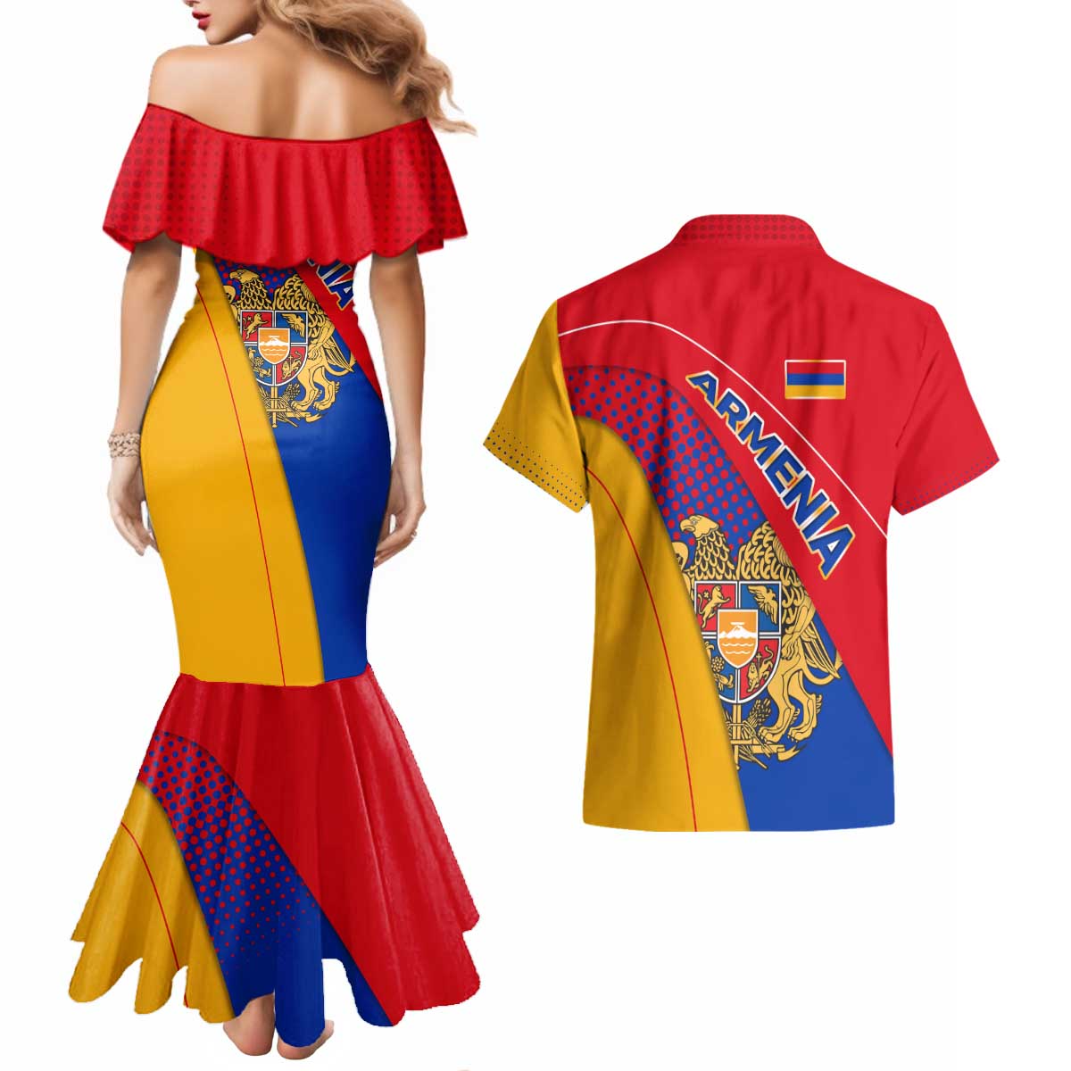 Armenia Flag Colors Couples Matching Mermaid Dress and Hawaiian Shirt with National Emblem and Map Design - Wonder Print Shop