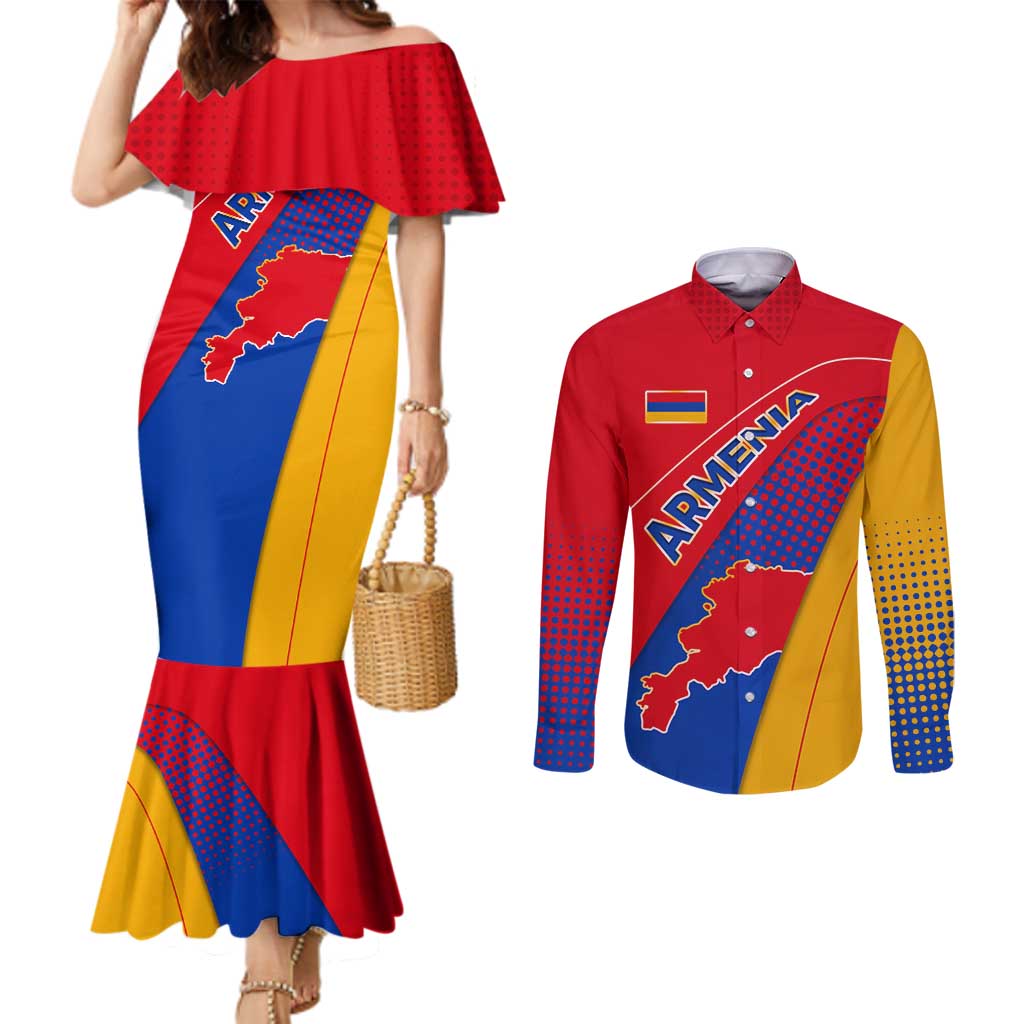 Armenia Flag Colors Couples Matching Mermaid Dress and Long Sleeve Button Shirt with National Emblem and Map Design - Wonder Print Shop
