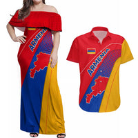 Armenia Flag Colors Couples Matching Off Shoulder Maxi Dress and Hawaiian Shirt with National Emblem and Map Design - Wonder Print Shop