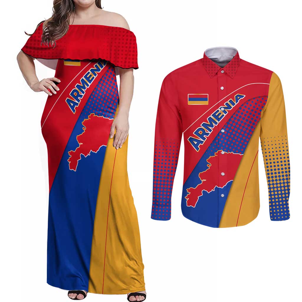 Armenia Flag Colors Couples Matching Off Shoulder Maxi Dress and Long Sleeve Button Shirt with National Emblem and Map Design - Wonder Print Shop