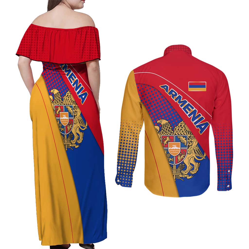 Armenia Flag Colors Couples Matching Off Shoulder Maxi Dress and Long Sleeve Button Shirt with National Emblem and Map Design - Wonder Print Shop