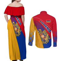 Armenia Flag Colors Couples Matching Off Shoulder Maxi Dress and Long Sleeve Button Shirt with National Emblem and Map Design - Wonder Print Shop