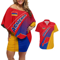 Armenia Flag Colors Couples Matching Off Shoulder Short Dress and Hawaiian Shirt with National Emblem and Map Design - Wonder Print Shop