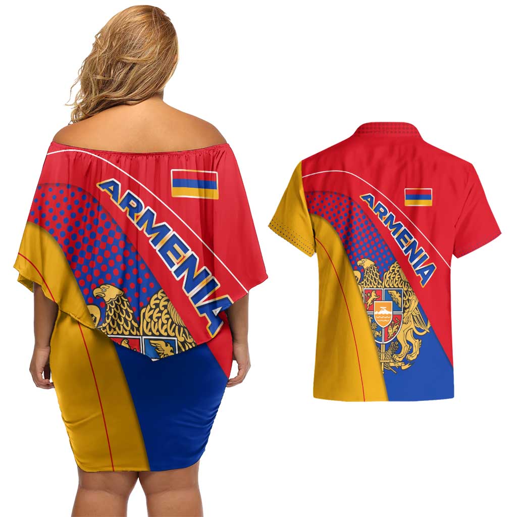 Armenia Flag Colors Couples Matching Off Shoulder Short Dress and Hawaiian Shirt with National Emblem and Map Design - Wonder Print Shop