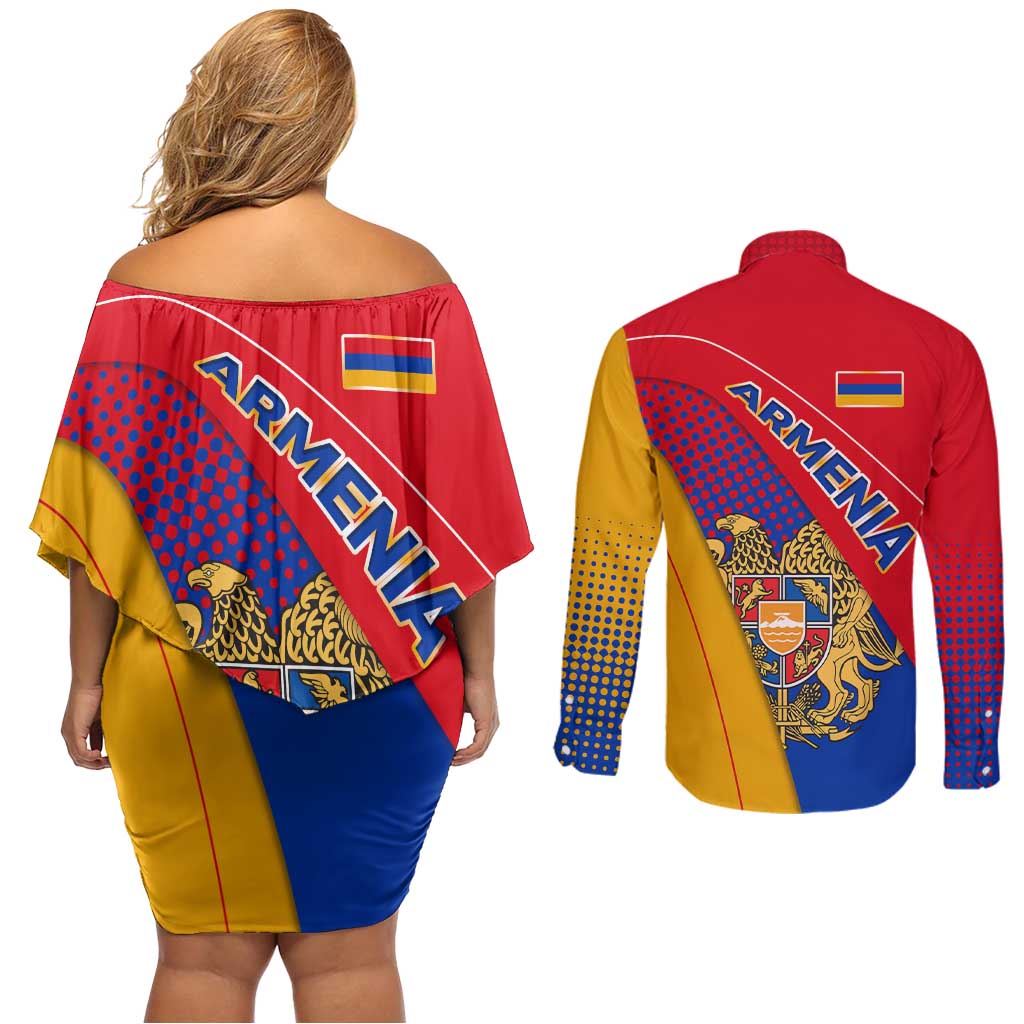 Armenia Flag Colors Couples Matching Off Shoulder Short Dress and Long Sleeve Button Shirt with National Emblem and Map Design - Wonder Print Shop