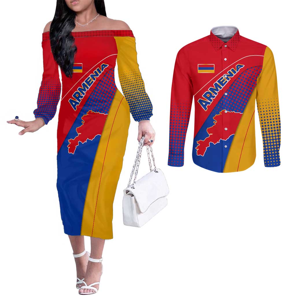 Armenia Flag Colors Couples Matching Off The Shoulder Long Sleeve Dress and Long Sleeve Button Shirt with National Emblem and Map Design - Wonder Print Shop