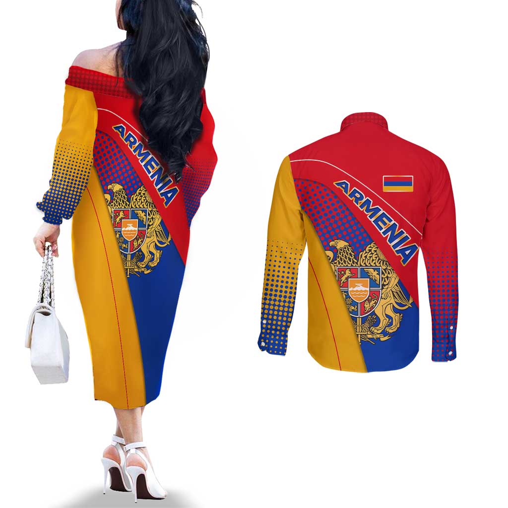Armenia Flag Colors Couples Matching Off The Shoulder Long Sleeve Dress and Long Sleeve Button Shirt with National Emblem and Map Design - Wonder Print Shop