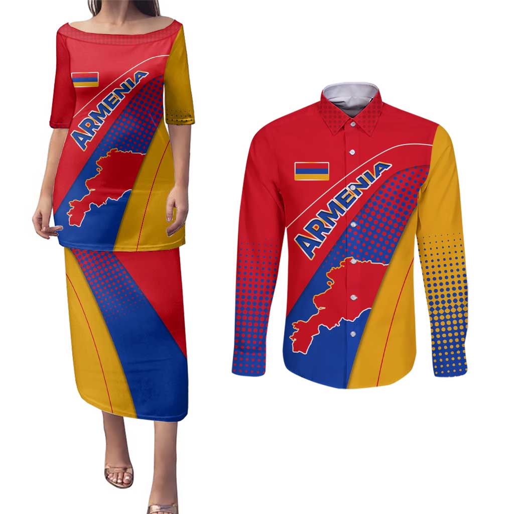 Armenia Flag Colors Couples Matching Puletasi and Long Sleeve Button Shirt with National Emblem and Map Design - Wonder Print Shop