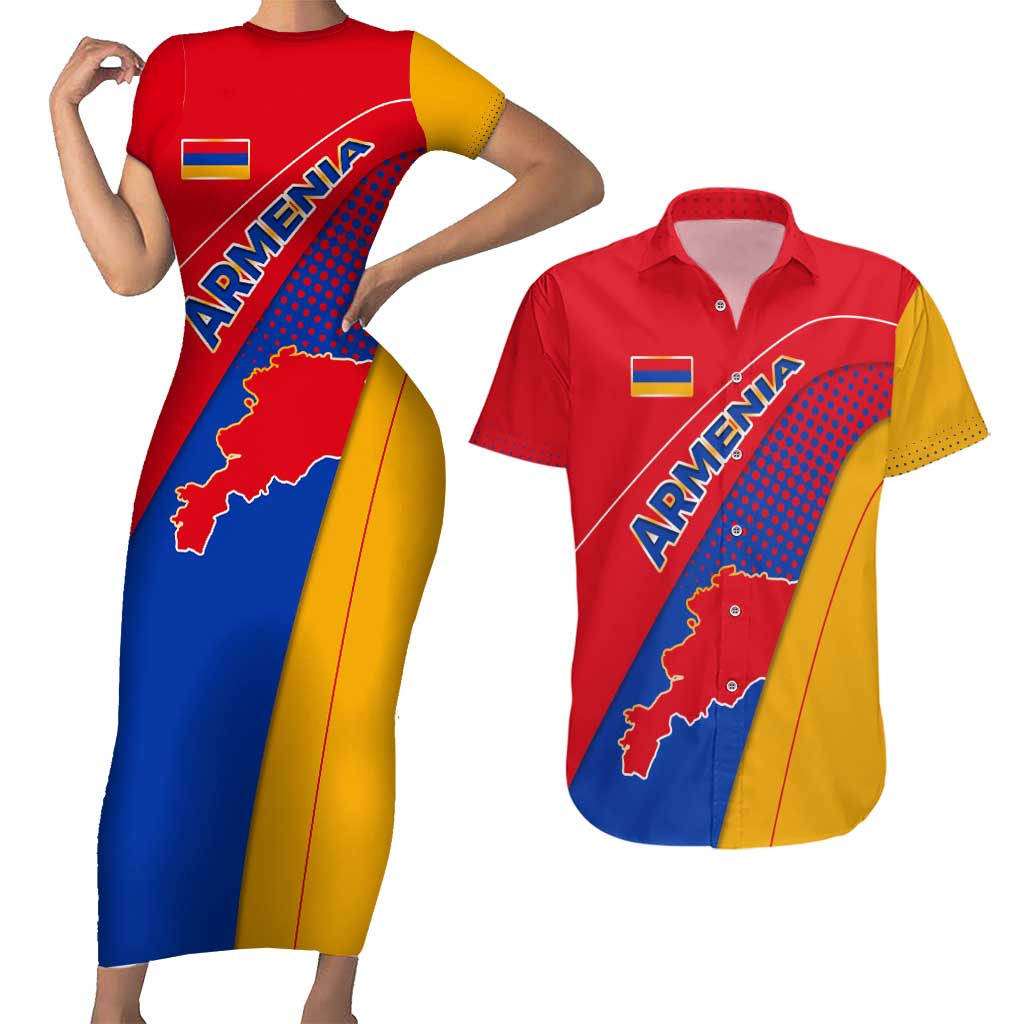 Armenia Flag Colors Couples Matching Short Sleeve Bodycon Dress and Hawaiian Shirt with National Emblem and Map Design - Wonder Print Shop