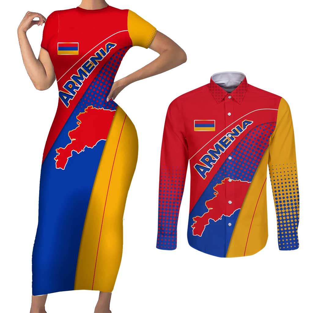 Armenia Flag Colors Couples Matching Short Sleeve Bodycon Dress and Long Sleeve Button Shirt with National Emblem and Map Design - Wonder Print Shop