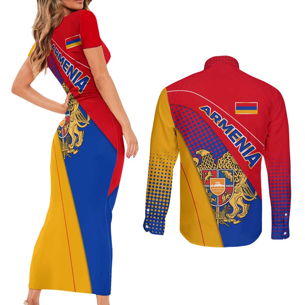 Armenia Flag Colors Couples Matching Short Sleeve Bodycon Dress and Long Sleeve Button Shirt with National Emblem and Map Design - Wonder Print Shop