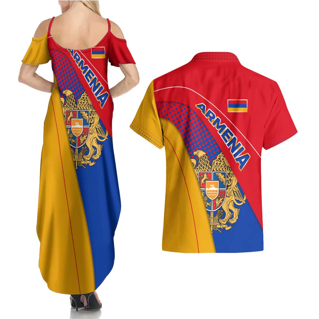 Armenia Flag Colors Couples Matching Summer Maxi Dress and Hawaiian Shirt with National Emblem and Map Design - Wonder Print Shop