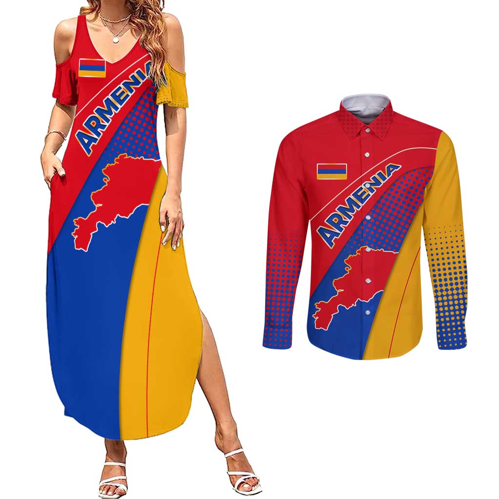 Armenia Flag Colors Couples Matching Summer Maxi Dress and Long Sleeve Button Shirt with National Emblem and Map Design - Wonder Print Shop