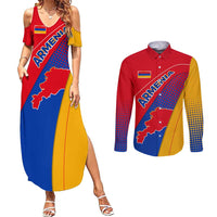 Armenia Flag Colors Couples Matching Summer Maxi Dress and Long Sleeve Button Shirt with National Emblem and Map Design - Wonder Print Shop