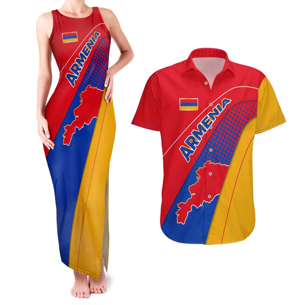 Armenia Flag Colors Couples Matching Tank Maxi Dress and Hawaiian Shirt with National Emblem and Map Design - Wonder Print Shop