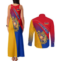 Armenia Flag Colors Couples Matching Tank Maxi Dress and Long Sleeve Button Shirt with National Emblem and Map Design - Wonder Print Shop