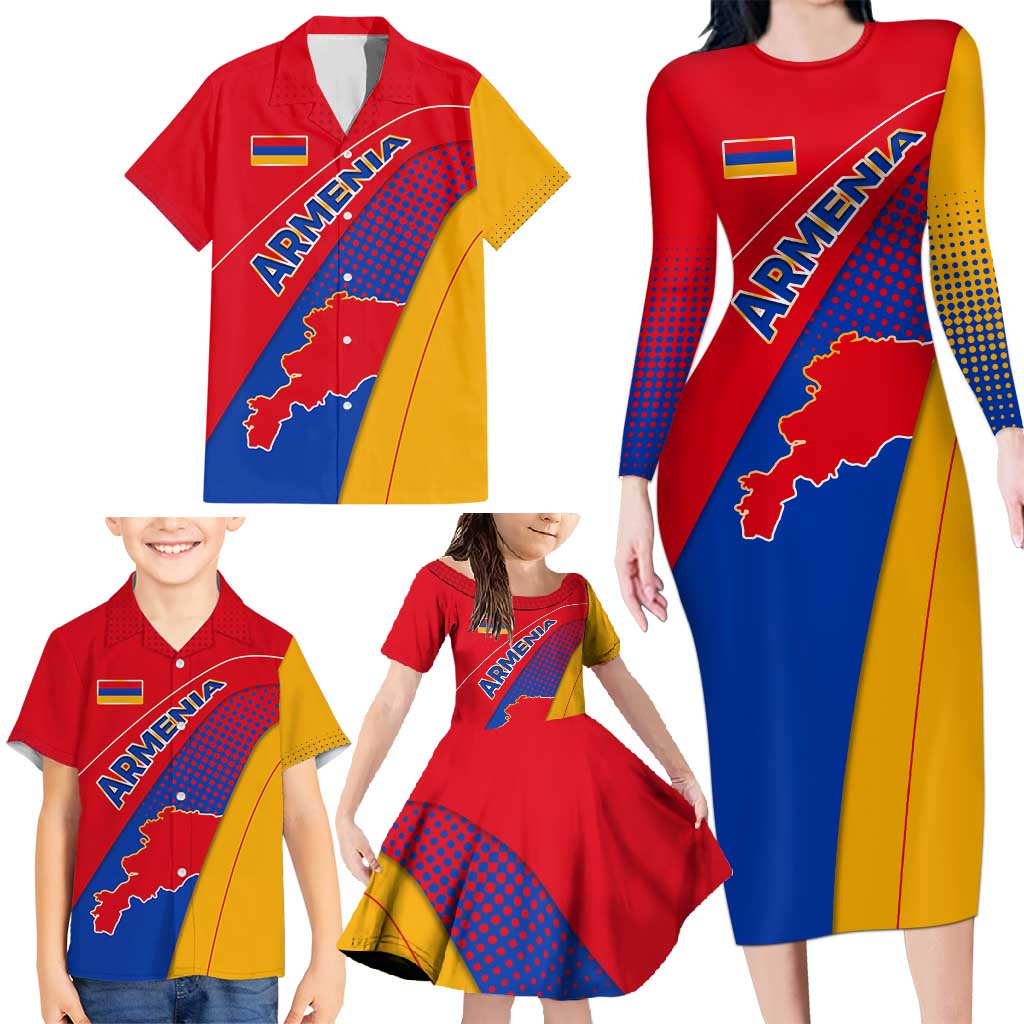 Armenia Flag Colors Family Matching Long Sleeve Bodycon Dress and Hawaiian Shirt with National Emblem and Map Design - Wonder Print Shop
