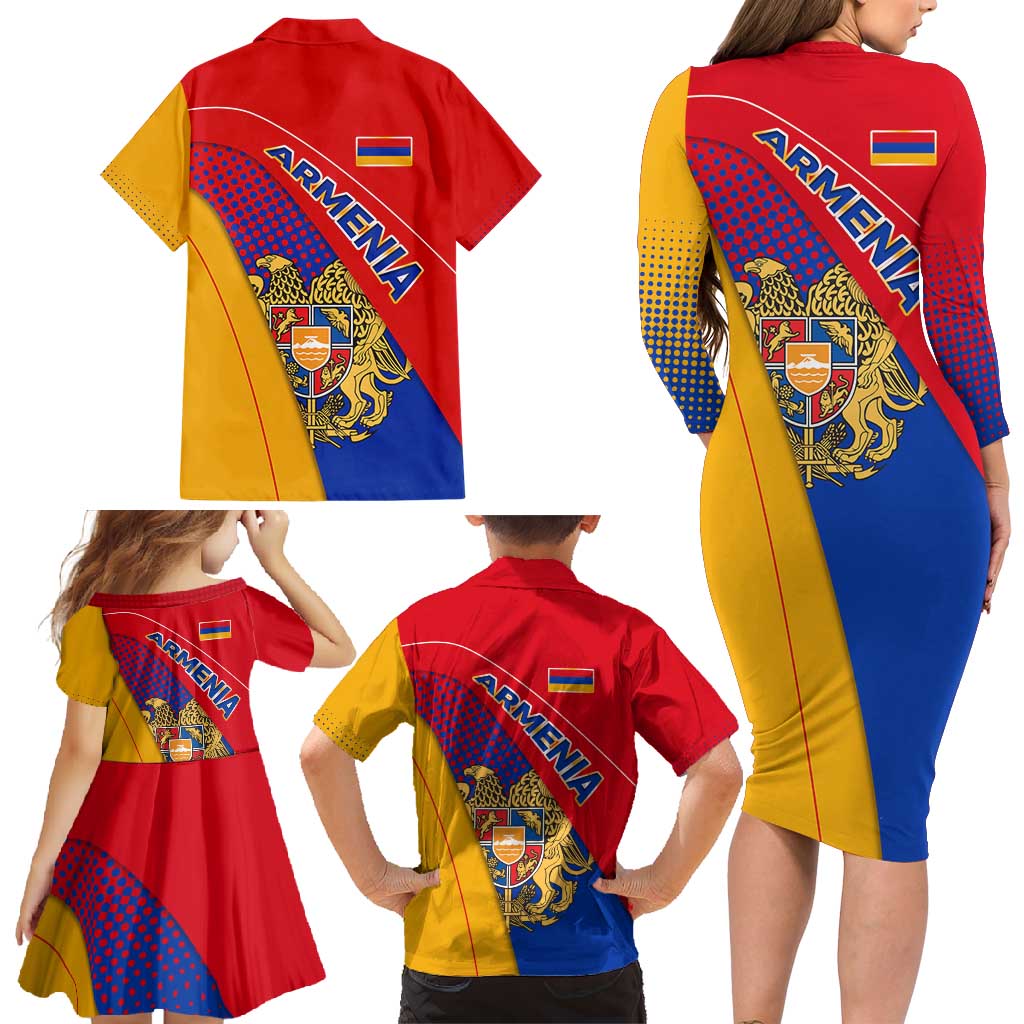 Armenia Flag Colors Family Matching Long Sleeve Bodycon Dress and Hawaiian Shirt with National Emblem and Map Design - Wonder Print Shop