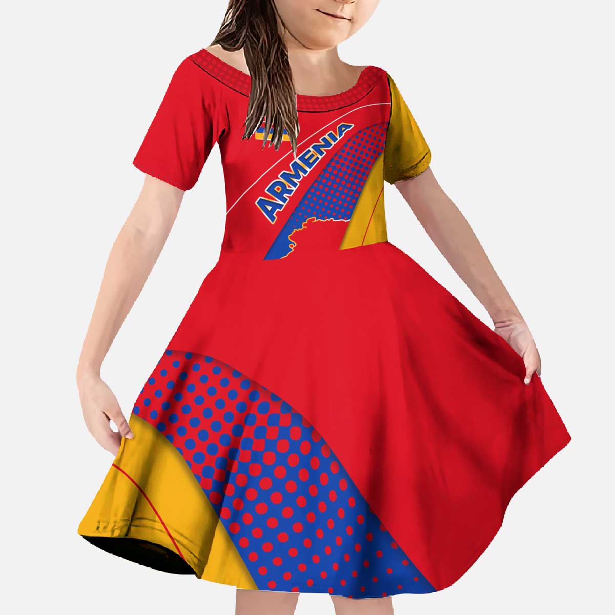 Armenia Flag Colors Family Matching Off The Shoulder Long Sleeve Dress and Hawaiian Shirt with National Emblem and Map Design - Wonder Print Shop