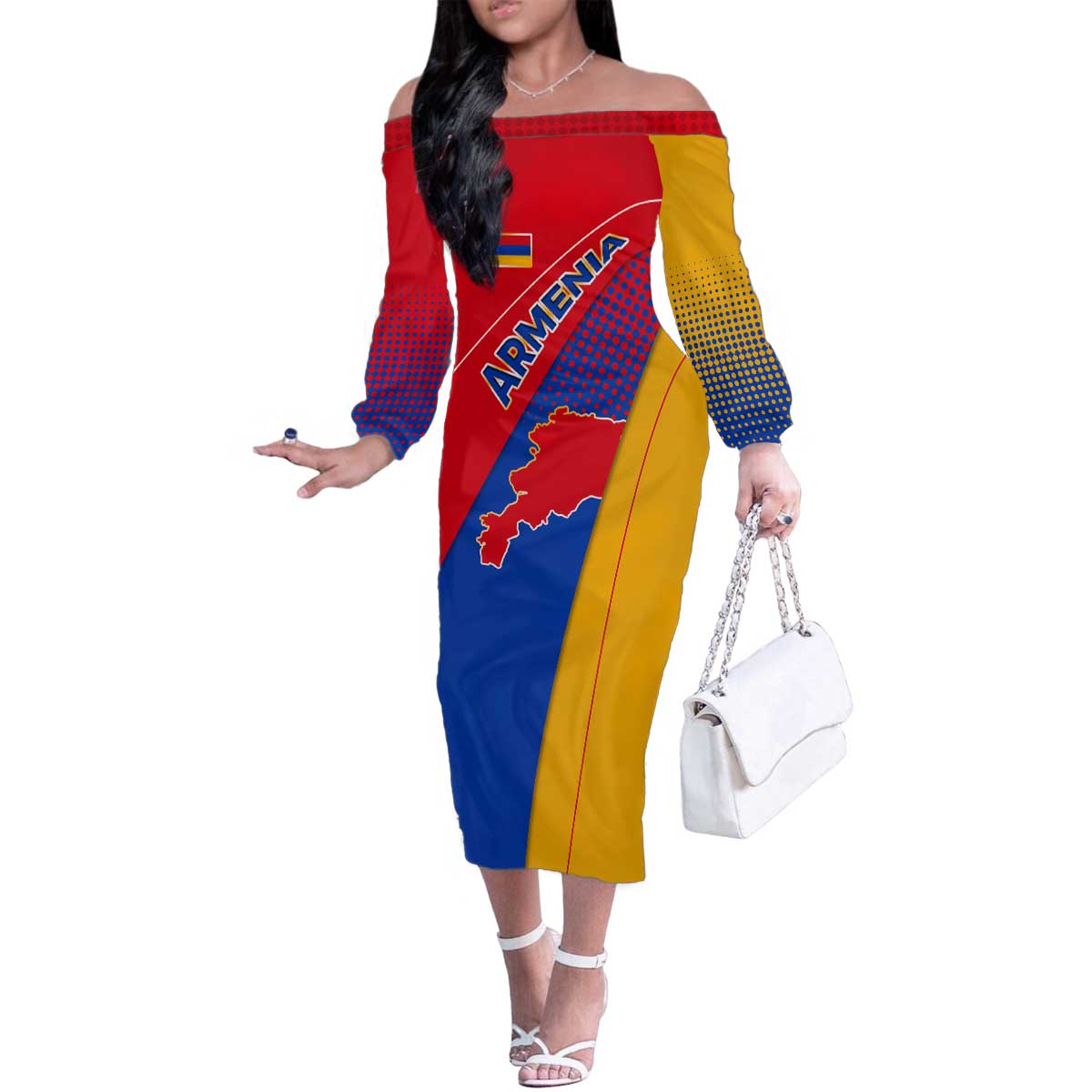 Armenia Flag Colors Family Matching Off The Shoulder Long Sleeve Dress and Hawaiian Shirt with National Emblem and Map Design - Wonder Print Shop