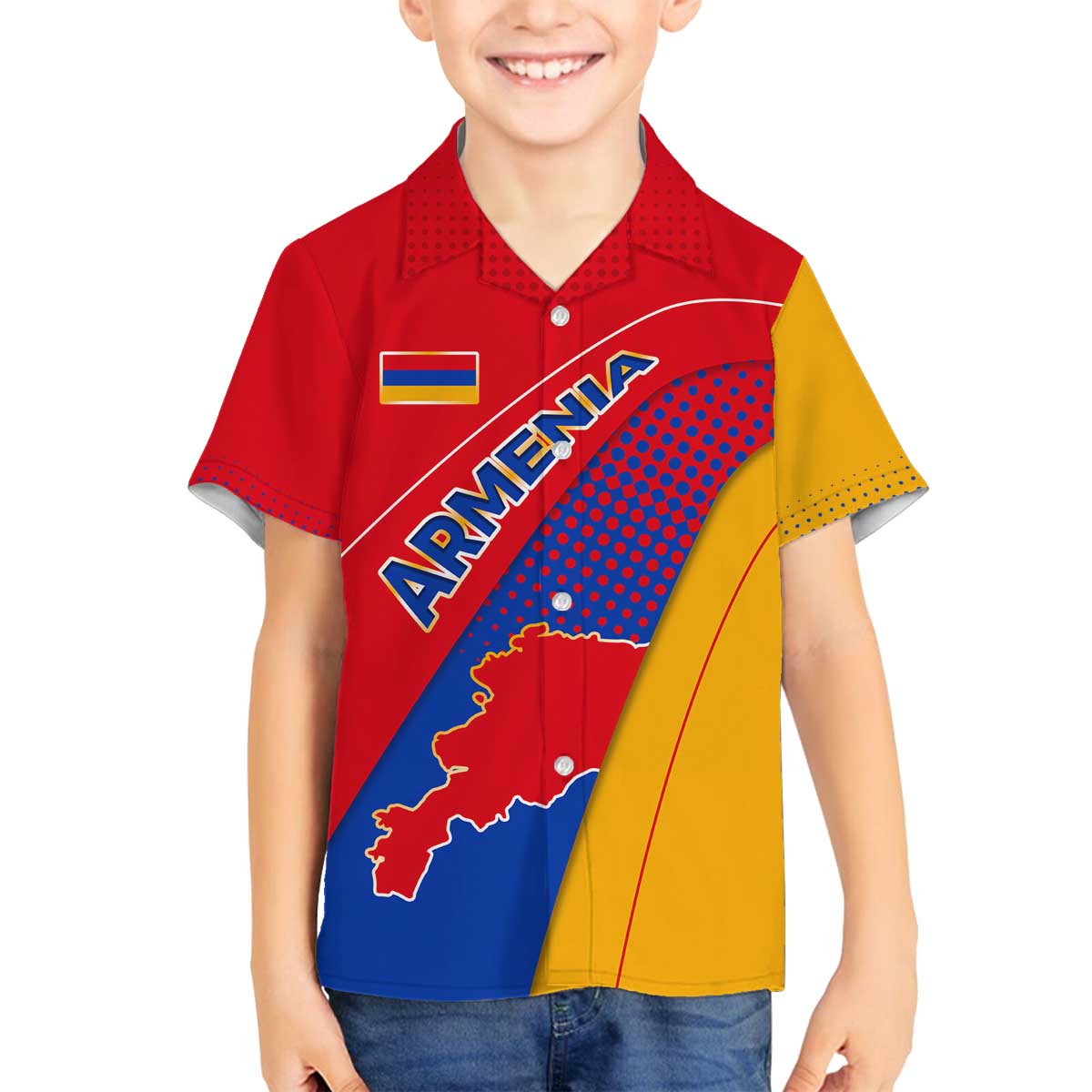 Armenia Flag Colors Family Matching Off The Shoulder Long Sleeve Dress and Hawaiian Shirt with National Emblem and Map Design - Wonder Print Shop