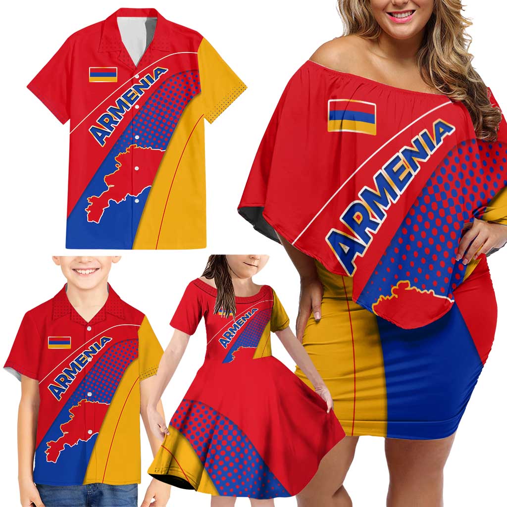 Armenia Flag Colors Family Matching Off Shoulder Short Dress and Hawaiian Shirt with National Emblem and Map Design - Wonder Print Shop
