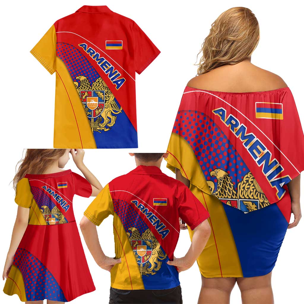 Armenia Flag Colors Family Matching Off Shoulder Short Dress and Hawaiian Shirt with National Emblem and Map Design - Wonder Print Shop