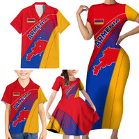 Armenia Flag Colors Family Matching Short Sleeve Bodycon Dress and Hawaiian Shirt with National Emblem and Map Design - Wonder Print Shop