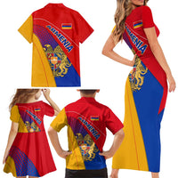 Armenia Flag Colors Family Matching Short Sleeve Bodycon Dress and Hawaiian Shirt with National Emblem and Map Design - Wonder Print Shop