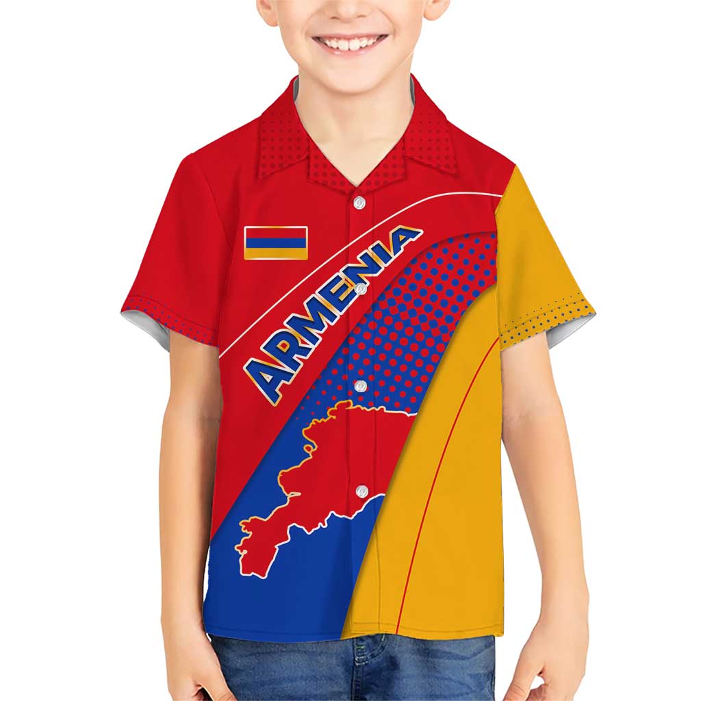Armenia Flag Colors Family Matching Short Sleeve Bodycon Dress and Hawaiian Shirt with National Emblem and Map Design - Wonder Print Shop