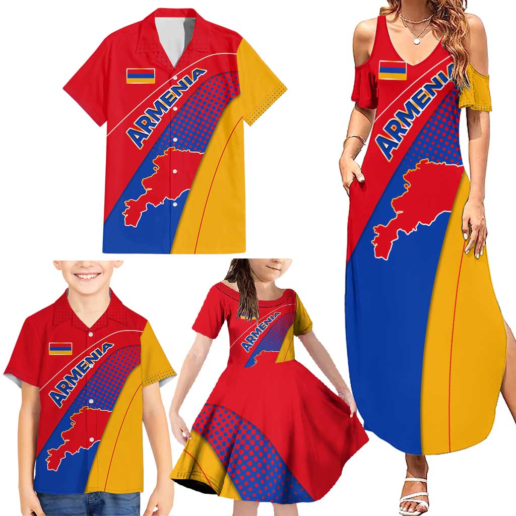 Armenia Flag Colors Family Matching Summer Maxi Dress and Hawaiian Shirt with National Emblem and Map Design - Wonder Print Shop