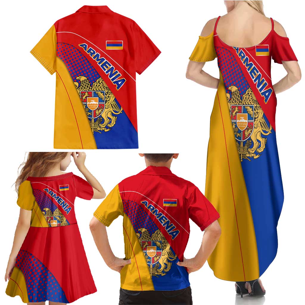 Armenia Flag Colors Family Matching Summer Maxi Dress and Hawaiian Shirt with National Emblem and Map Design - Wonder Print Shop