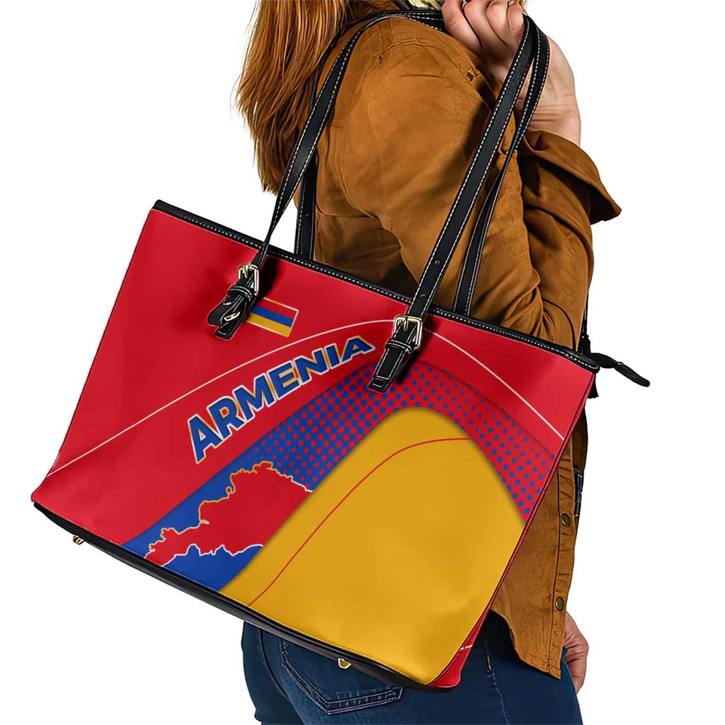 Armenia Flag Colors Leather Tote Bag with National Emblem and Map Design - Wonder Print Shop