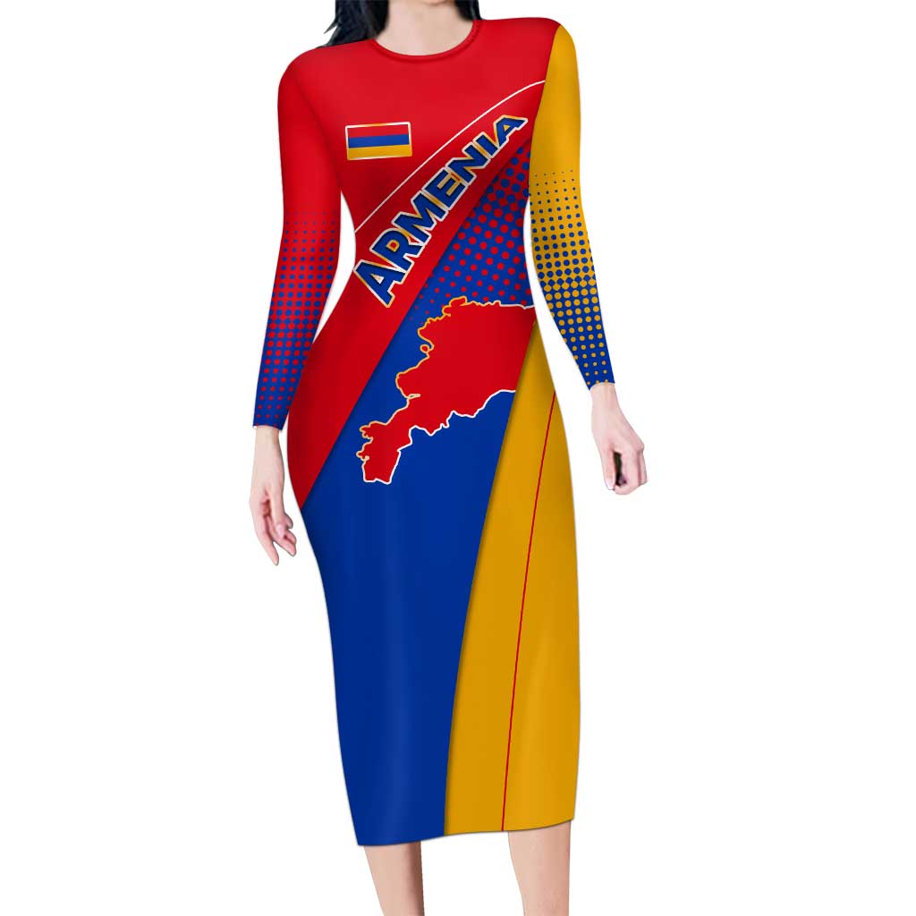 Armenia Flag Colors Long Sleeve Bodycon Dress with National Emblem and Map Design - Wonder Print Shop